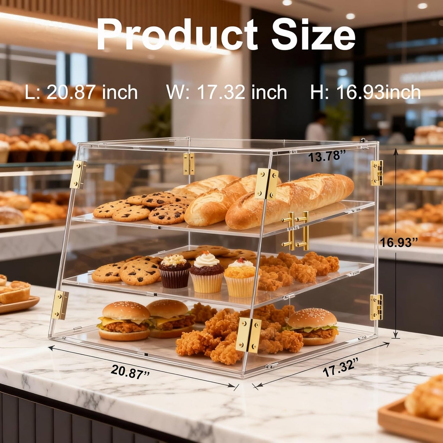 3-Tier Slanted Acrylic Bakery Display Case, 21'×17'×17', with Automatic-Closing Rear Doors