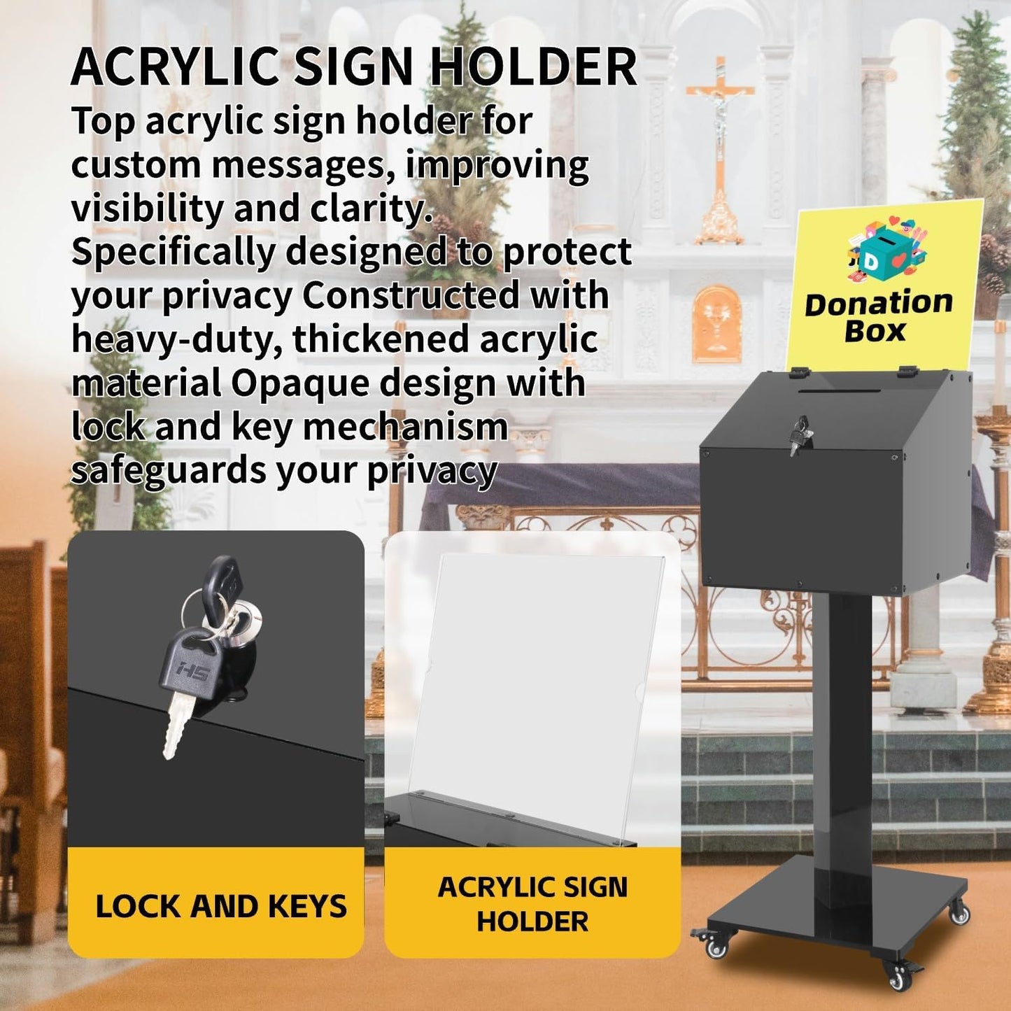 Large Acrylic Donation Box with Stand, with Key&Lock, for Collection Fundraising, Offering, Ballots, Feedback, Black