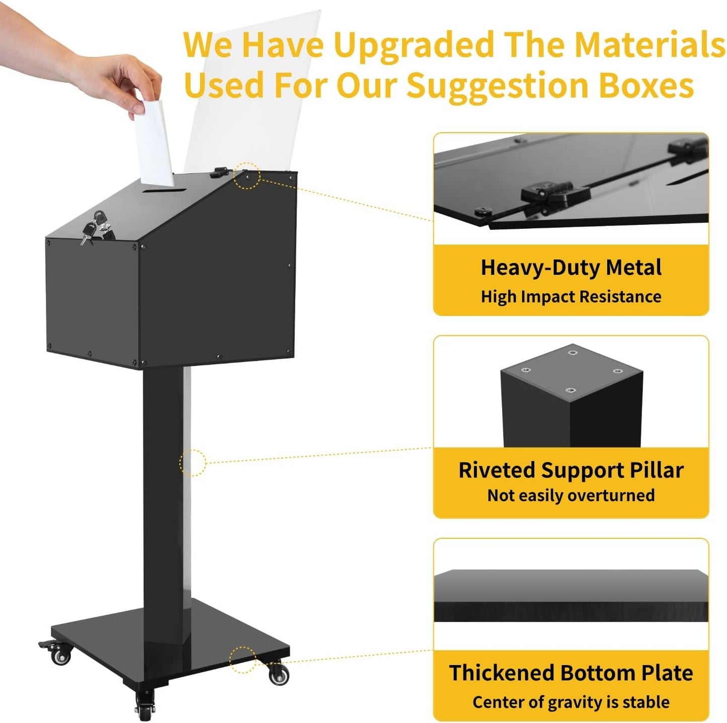 Large Acrylic Donation Box with Stand, with Key&Lock, for Collection Fundraising, Offering, Ballots, Feedback, Black