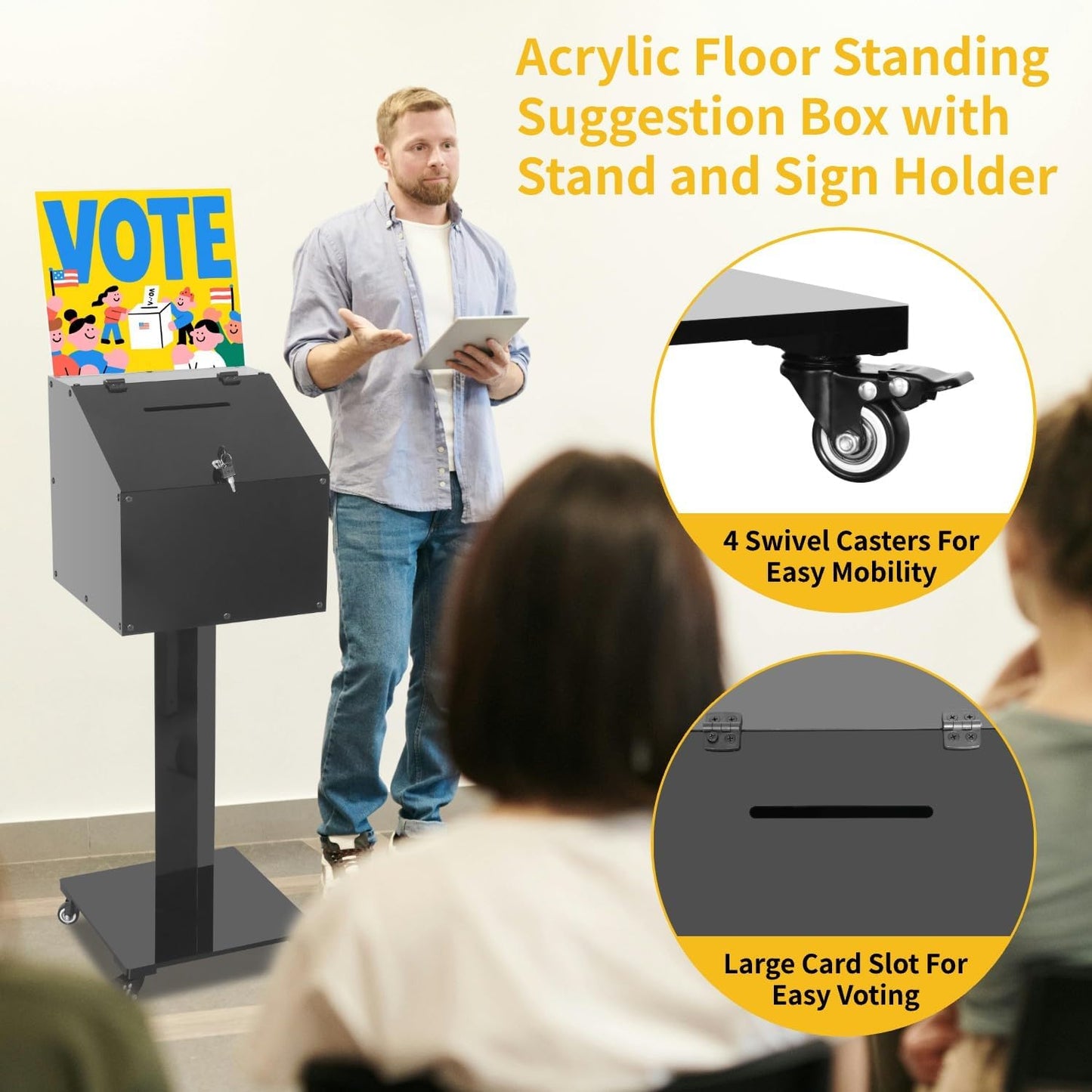 Large Acrylic Donation Box with Stand, with Key&Lock, for Collection Fundraising, Offering, Ballots, Feedback, Black