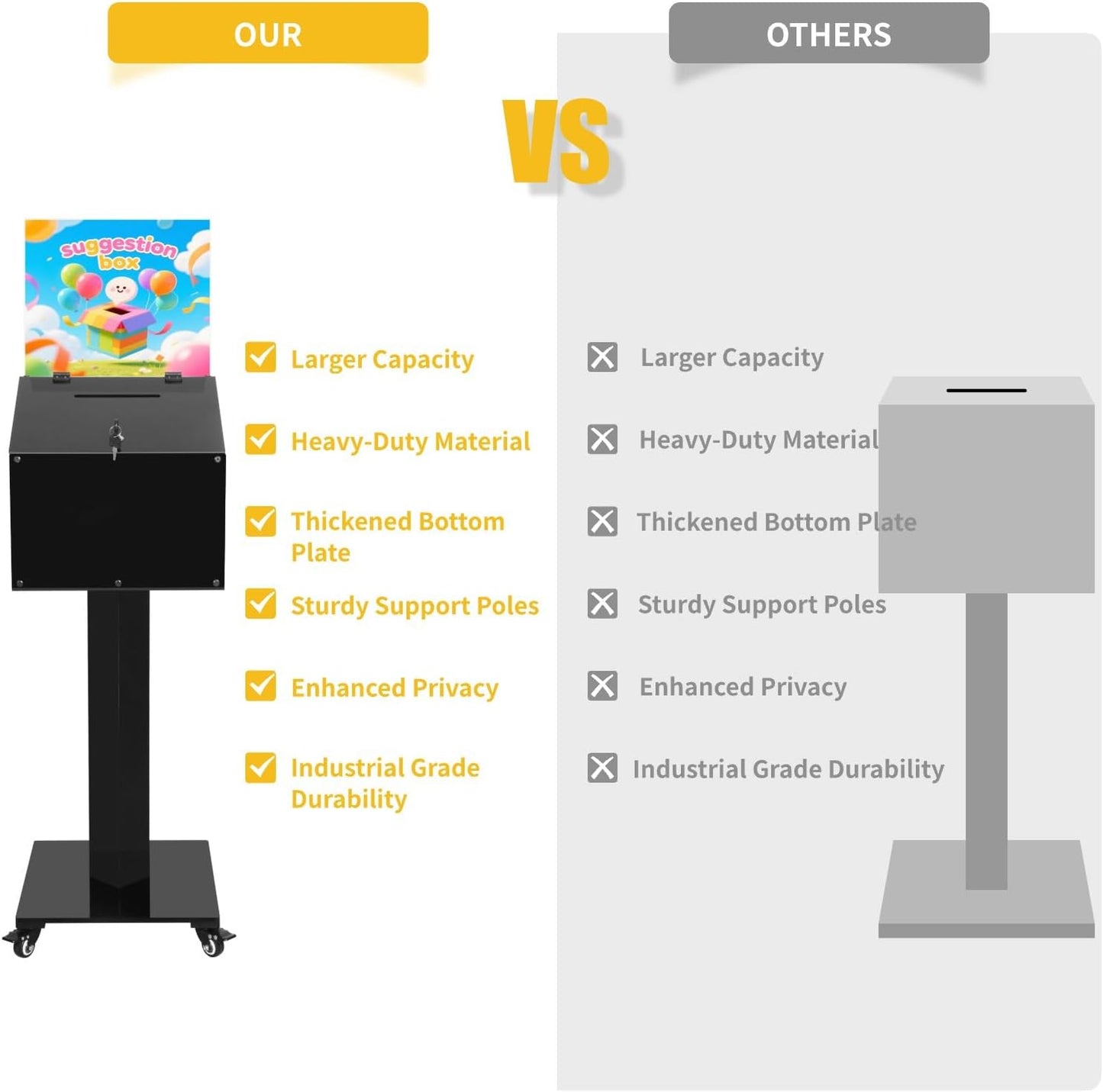 Large Acrylic Donation Box with Stand, with Key&Lock, for Collection Fundraising, Offering, Ballots, Feedback, Black