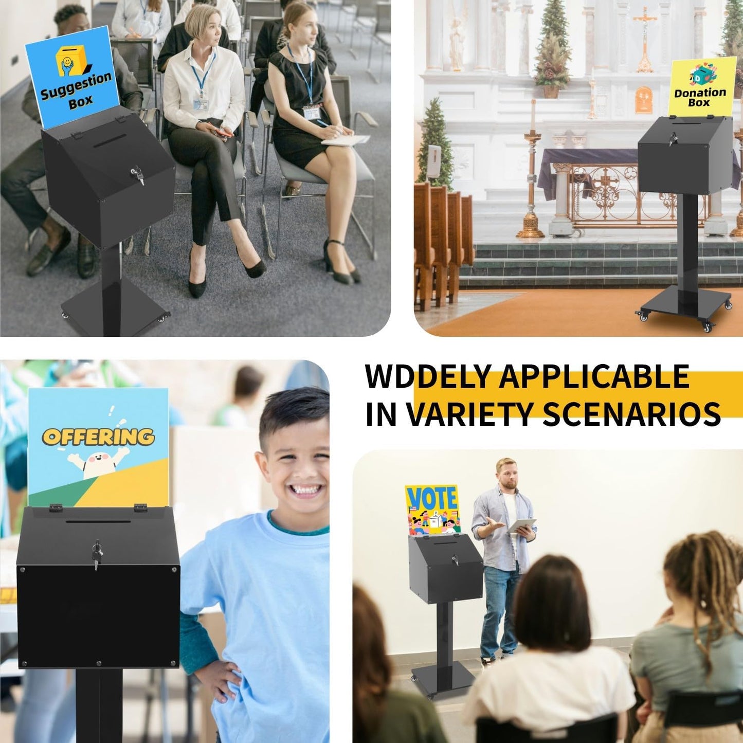 Large Acrylic Donation Box with Stand, with Key&Lock, for Collection Fundraising, Offering, Ballots, Feedback, Black