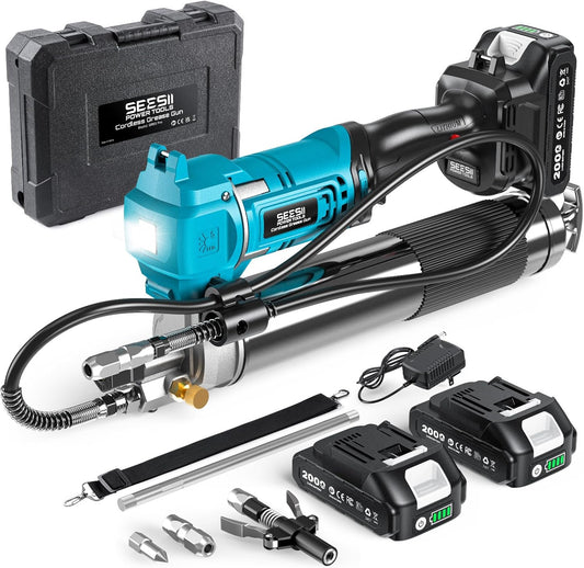 10,000 PSI Cordless Grease Gun, High-Efficiency 6.4 oz/min, with 39.4” Hose, LED Light, 2-Pack 2.0Ah Batteries