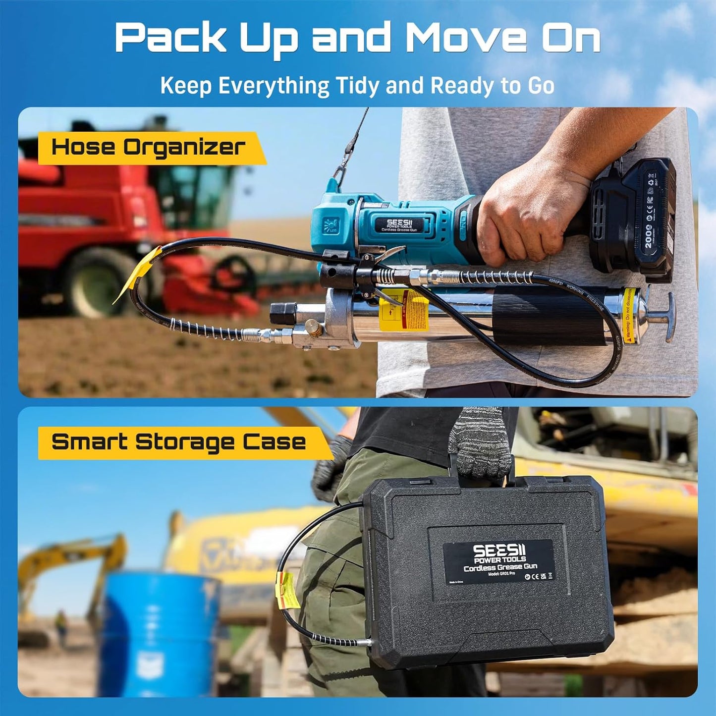 10,000 PSI Cordless Grease Gun, High-Efficiency 6.4 oz/min, with 39.4” Hose, LED Light, 2-Pack 2.0Ah Batteries