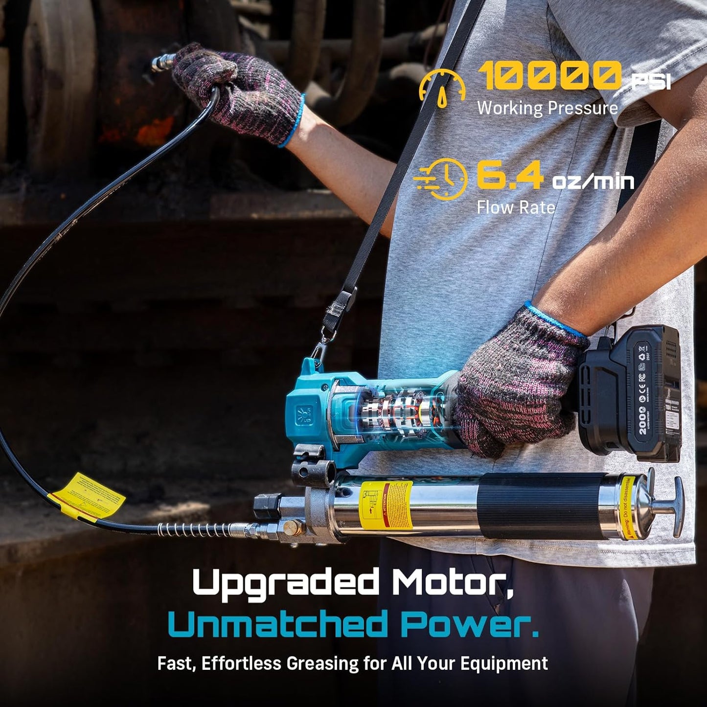 10,000 PSI Cordless Grease Gun, High-Efficiency 6.4 oz/min, with 39.4” Hose, LED Light, 2-Pack 2.0Ah Batteries