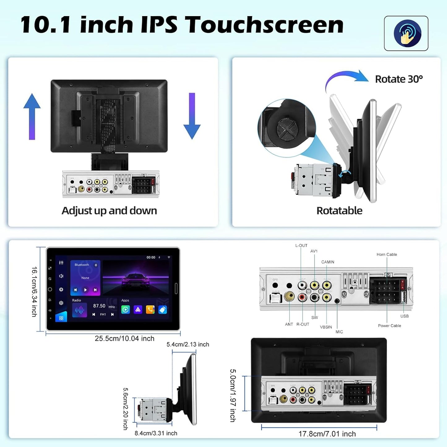 10.1 inch Single Din Touchscreen Radio w/ Wireless Carplay Support AM FM Radio, Backup Camera, Mic