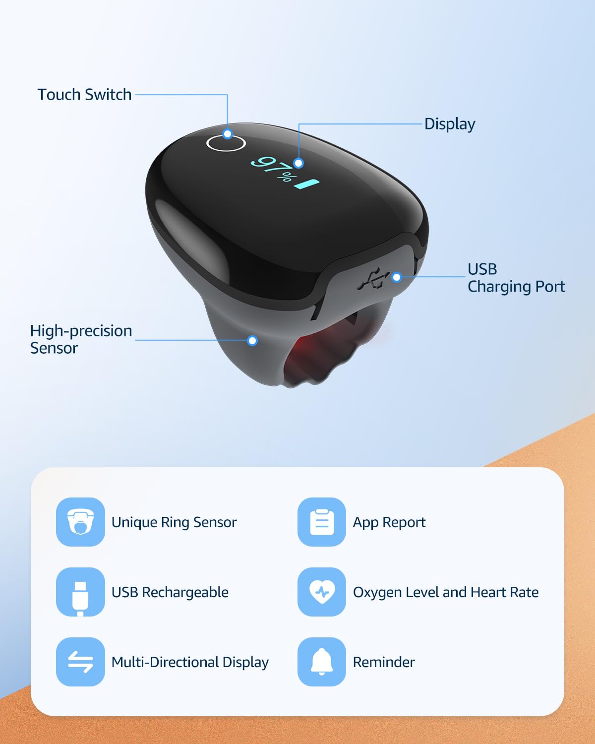 Pulse Oximeter O2 Ring Oxygen Monitor Blood Oxygen Saturation with Vibration Reminder, Rechargeable Pulse