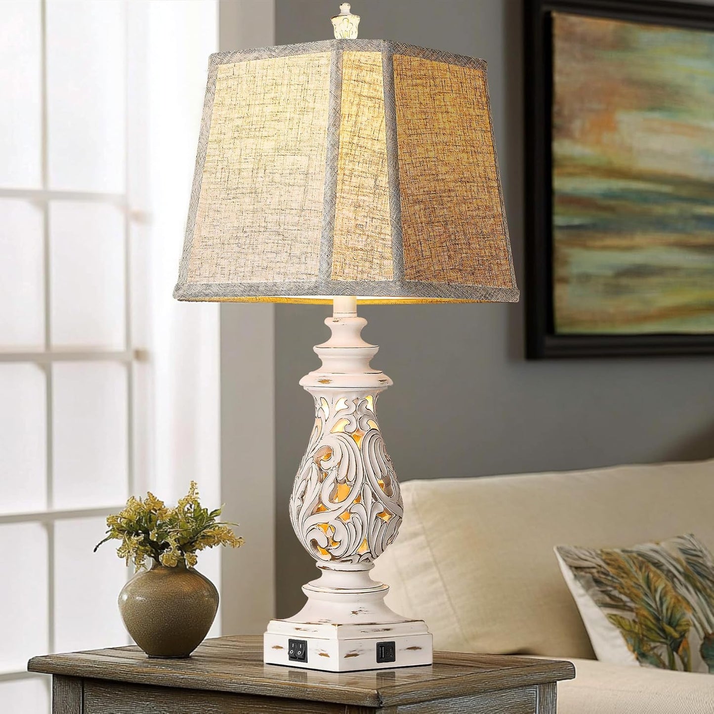 29' Table Lamps Set of 2, Bedside Lamps with USB A+C Ports & Night Light, with Linen Fabric Shades, Antique White