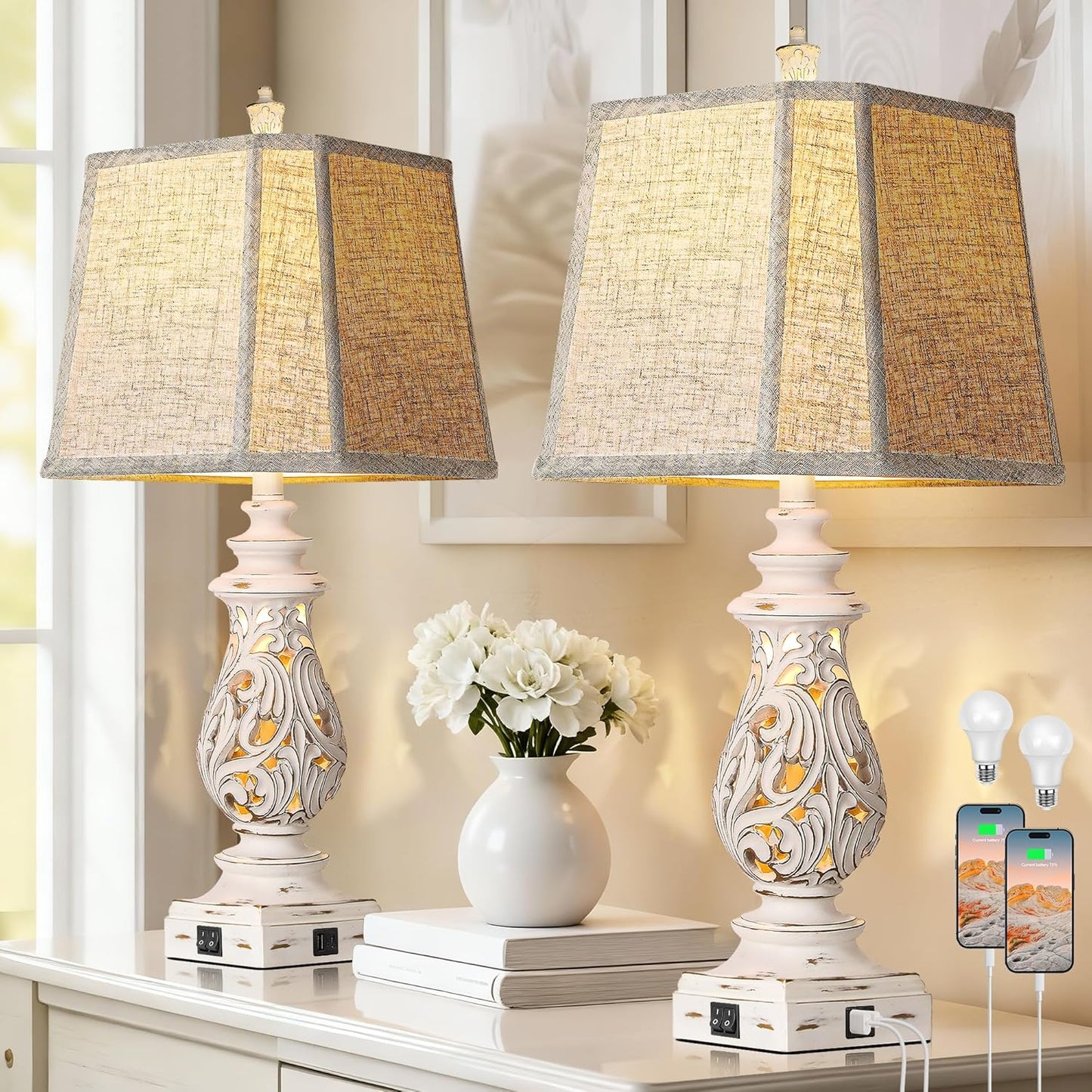 29' Table Lamps Set of 2, Bedside Lamps with USB A+C Ports & Night Light, with Linen Fabric Shades, Antique White