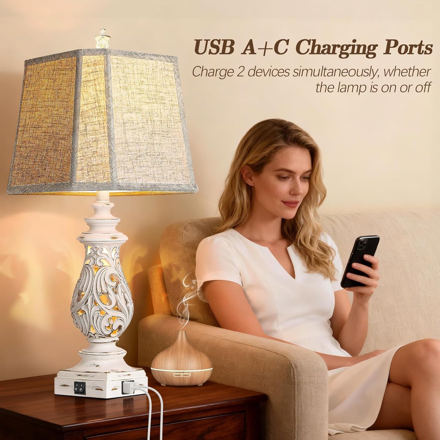 29' Table Lamps Set of 2, Bedside Lamps with USB A+C Ports & Night Light, with Linen Fabric Shades, Antique White