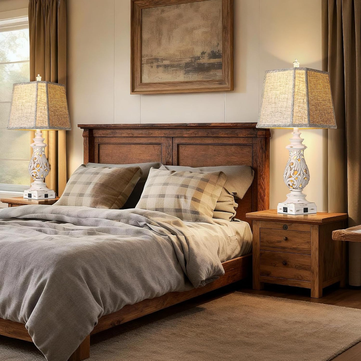 29' Table Lamps Set of 2, Bedside Lamps with USB A+C Ports & Night Light, with Linen Fabric Shades, Antique White