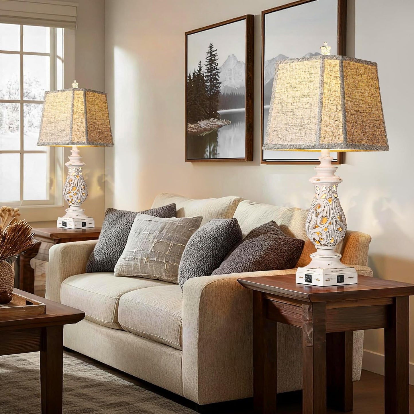 29' Table Lamps Set of 2, Bedside Lamps with USB A+C Ports & Night Light, with Linen Fabric Shades, Antique White