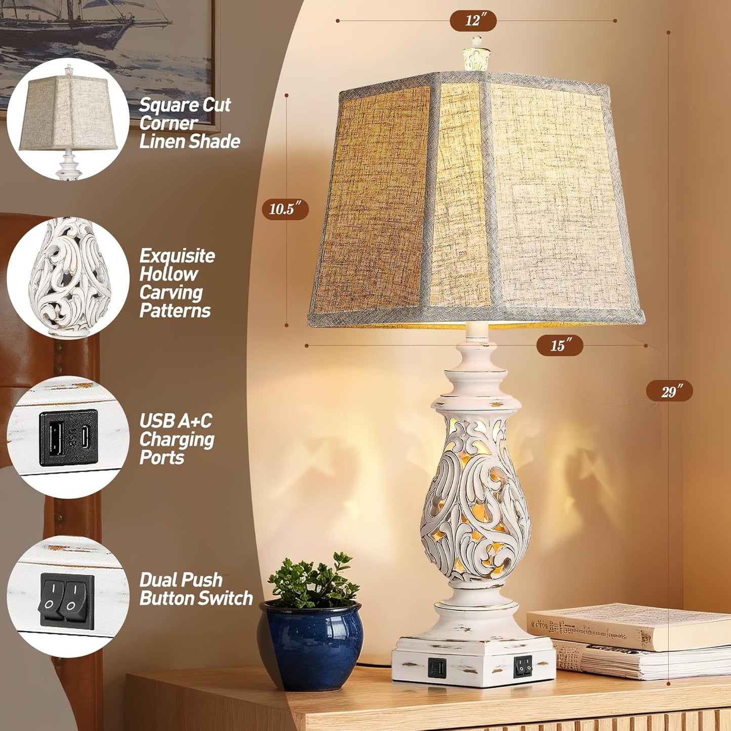 29' Table Lamps Set of 2, Bedside Lamps with USB A+C Ports & Night Light, with Linen Fabric Shades, Antique White
