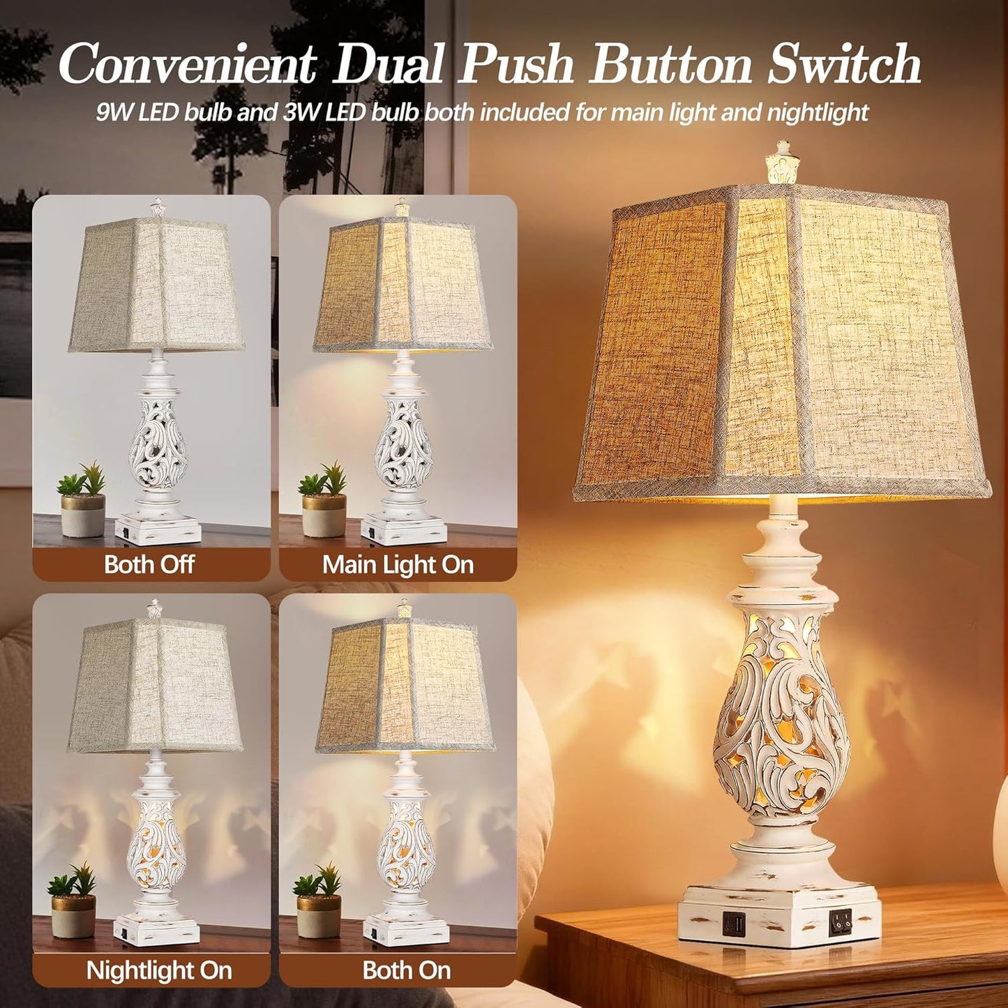 29' Table Lamps Set of 2, Bedside Lamps with USB A+C Ports & Night Light, with Linen Fabric Shades, Antique White