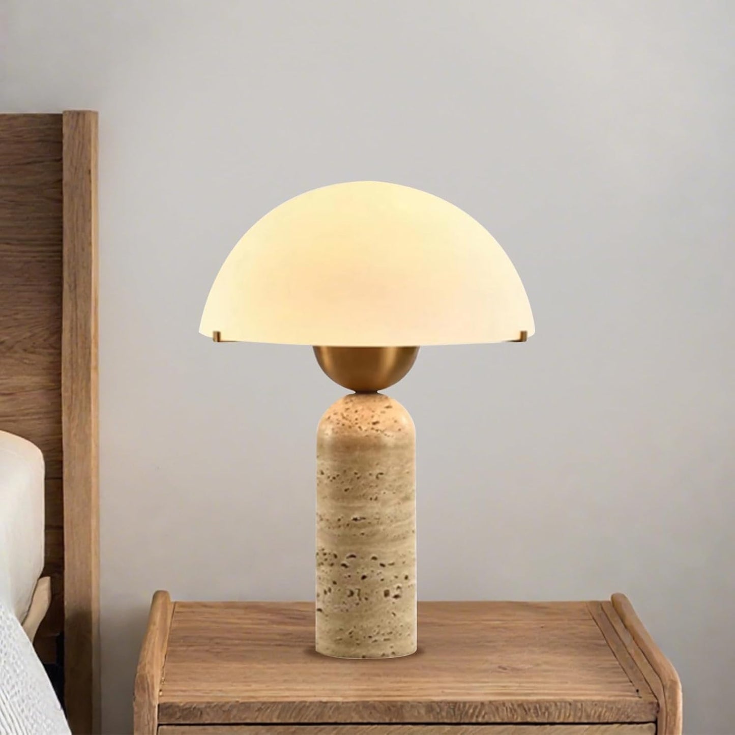 White Dome Table Lamp with Frosted Glass Shade, Mid-Century Modern Natural Stone Base, 17.7 x 11.8 in