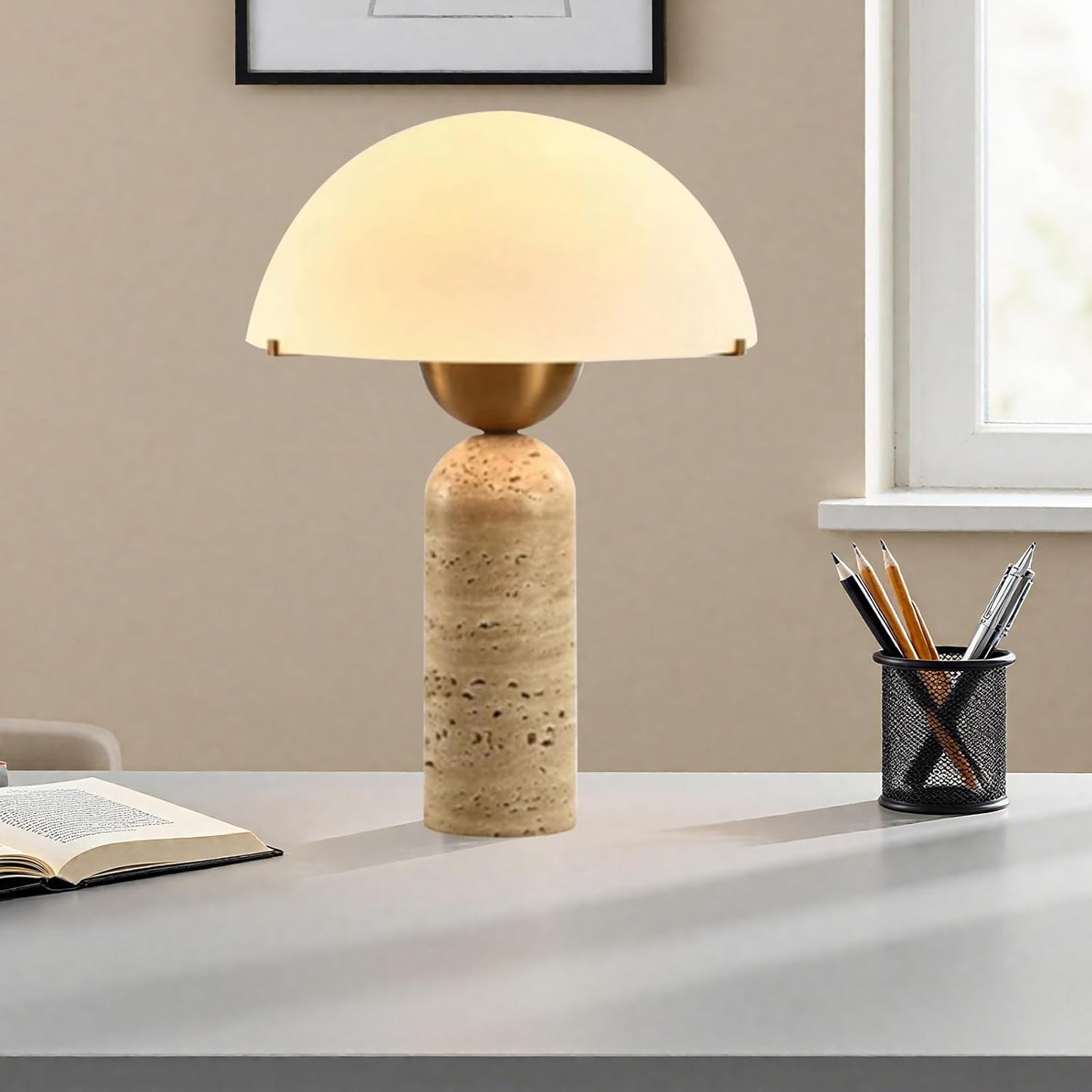 White Dome Table Lamp with Frosted Glass Shade, Mid-Century Modern Natural Stone Base, 17.7 x 11.8 in