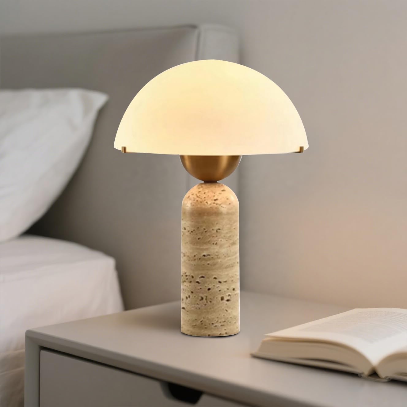 White Dome Table Lamp with Frosted Glass Shade, Mid-Century Modern Natural Stone Base, 17.7 x 11.8 in