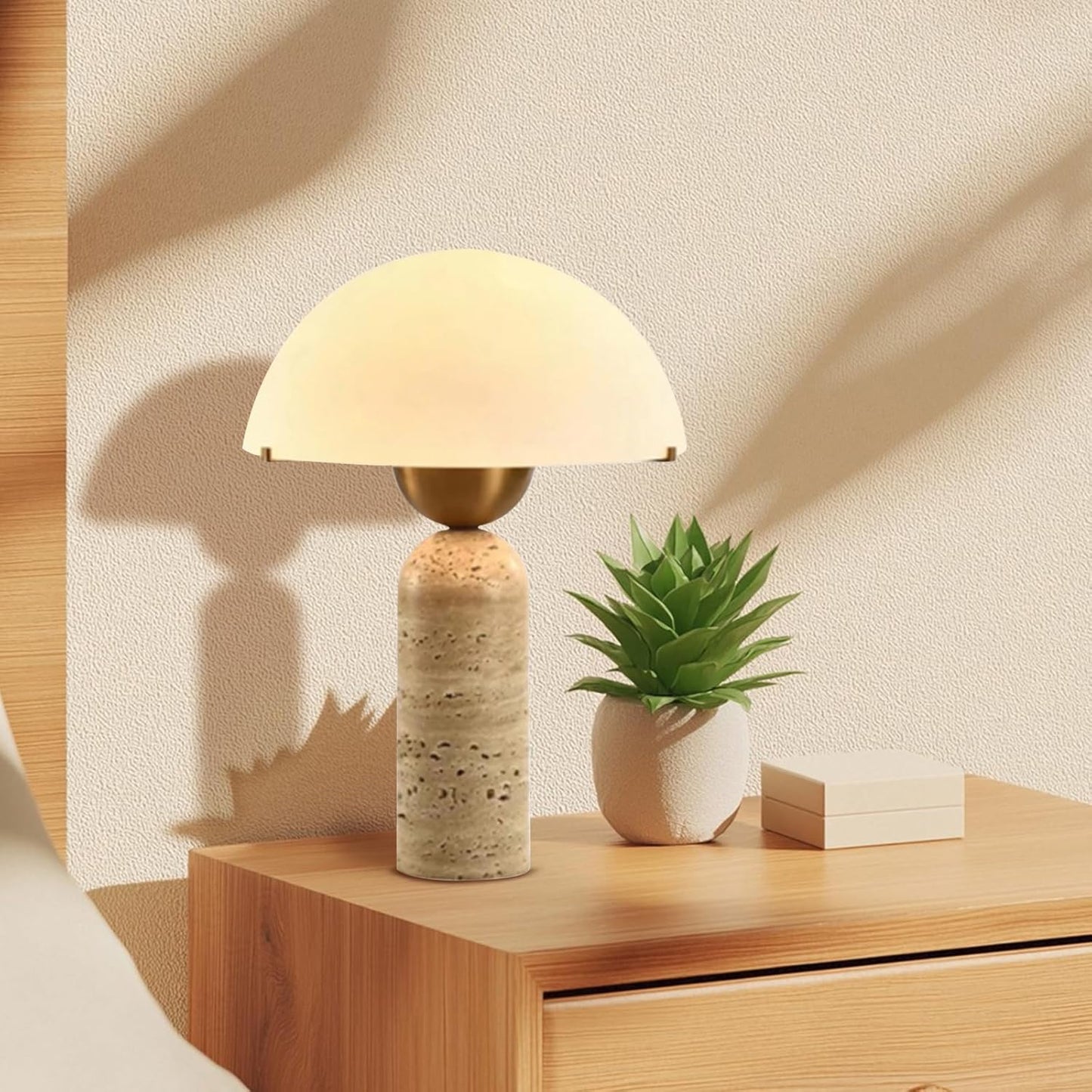 White Dome Table Lamp with Frosted Glass Shade, Mid-Century Modern Natural Stone Base, 17.7 x 11.8 in