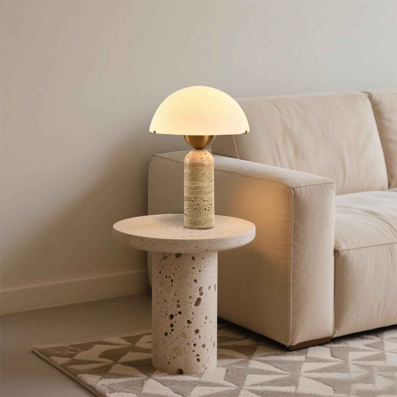 White Dome Table Lamp with Frosted Glass Shade, Mid-Century Modern Natural Stone Base, 17.7 x 11.8 in