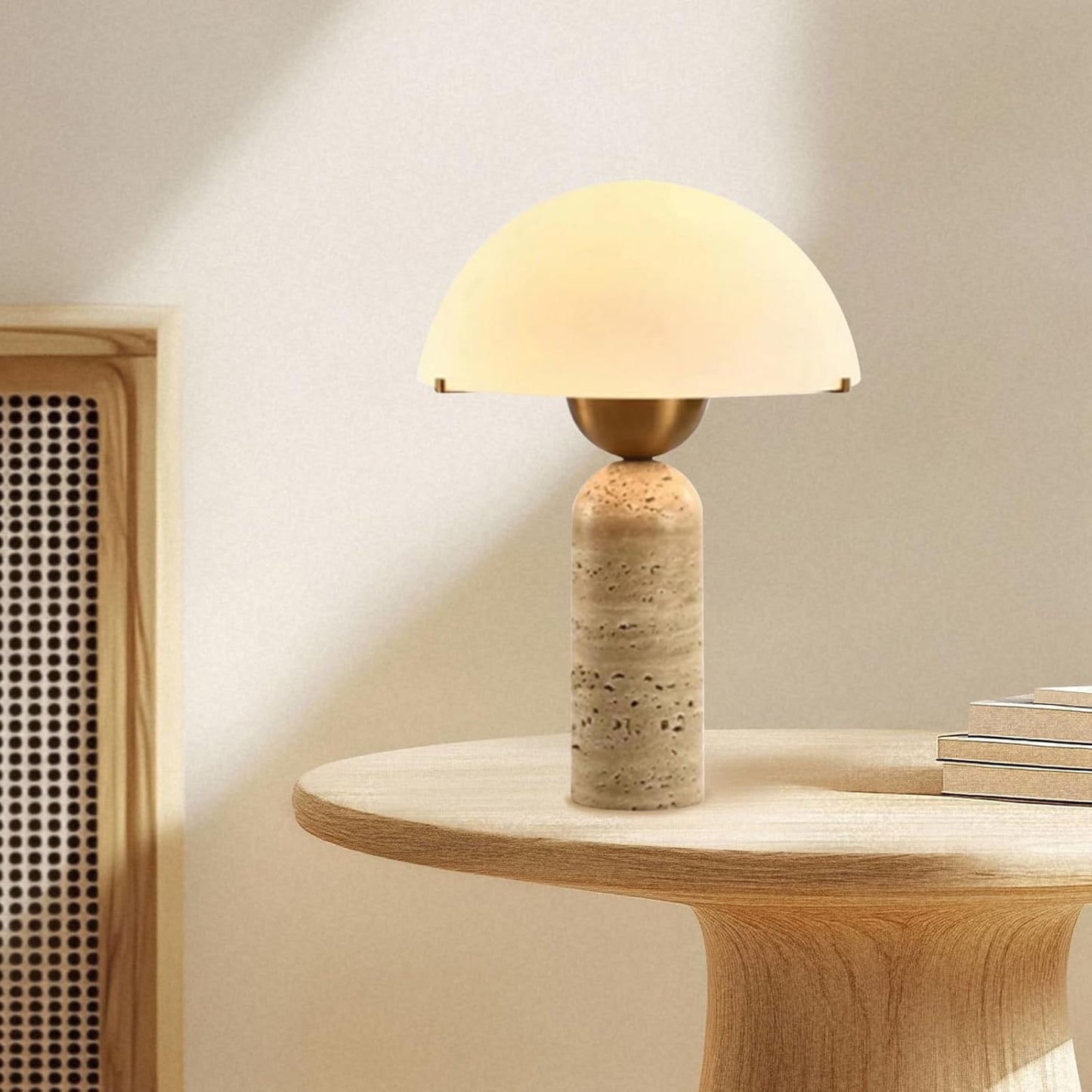White Dome Table Lamp with Frosted Glass Shade, Mid-Century Modern Natural Stone Base, 17.7 x 11.8 in