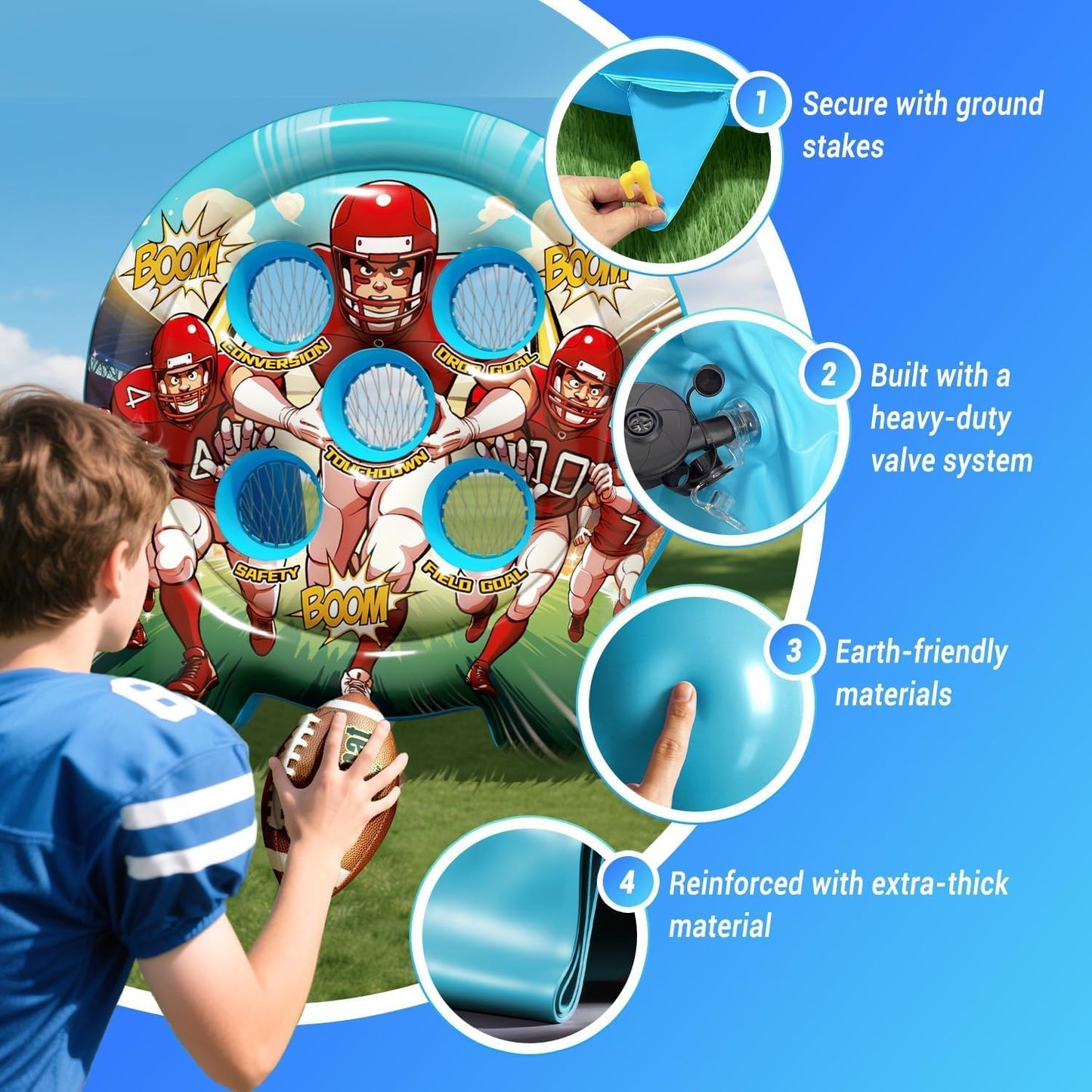 Kids Football Target Toss Game with Junior Size Footballs, Inflatable Throwing Target Toy