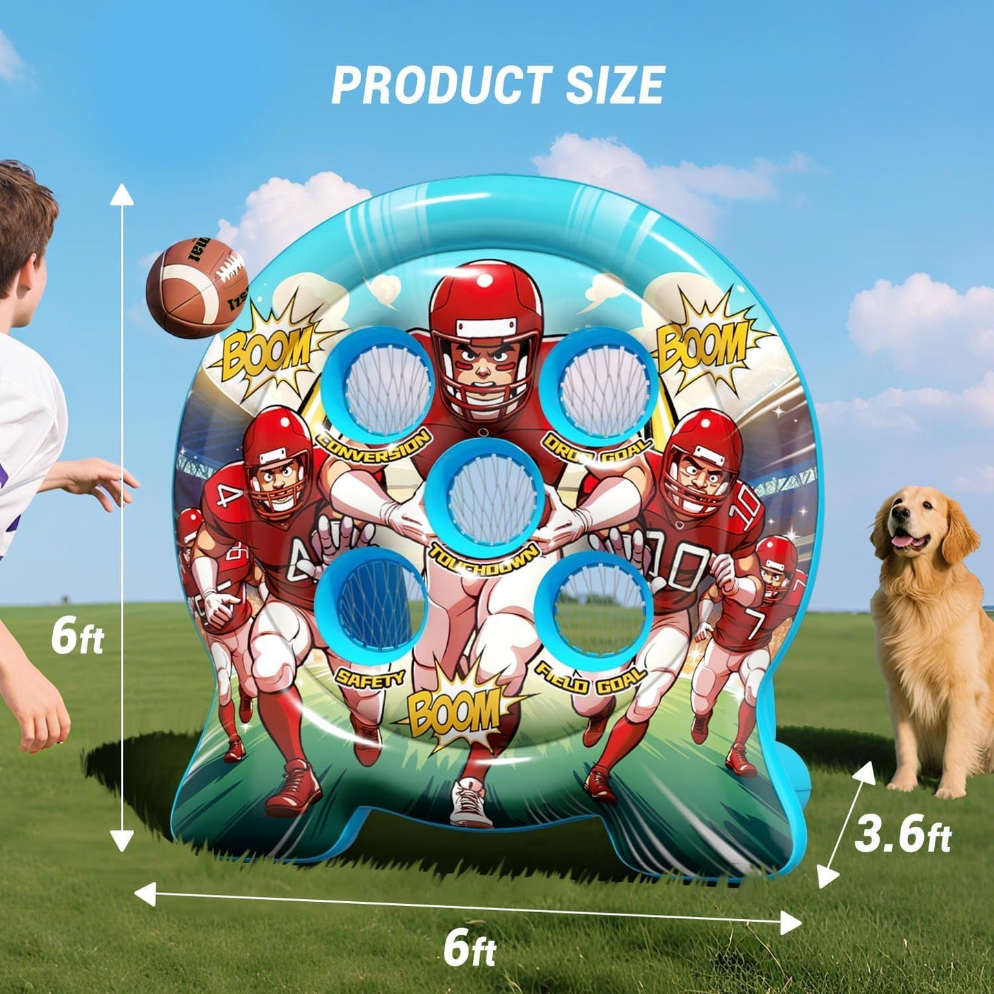 Kids Football Target Toss Game with Junior Size Footballs, Inflatable Throwing Target Toy