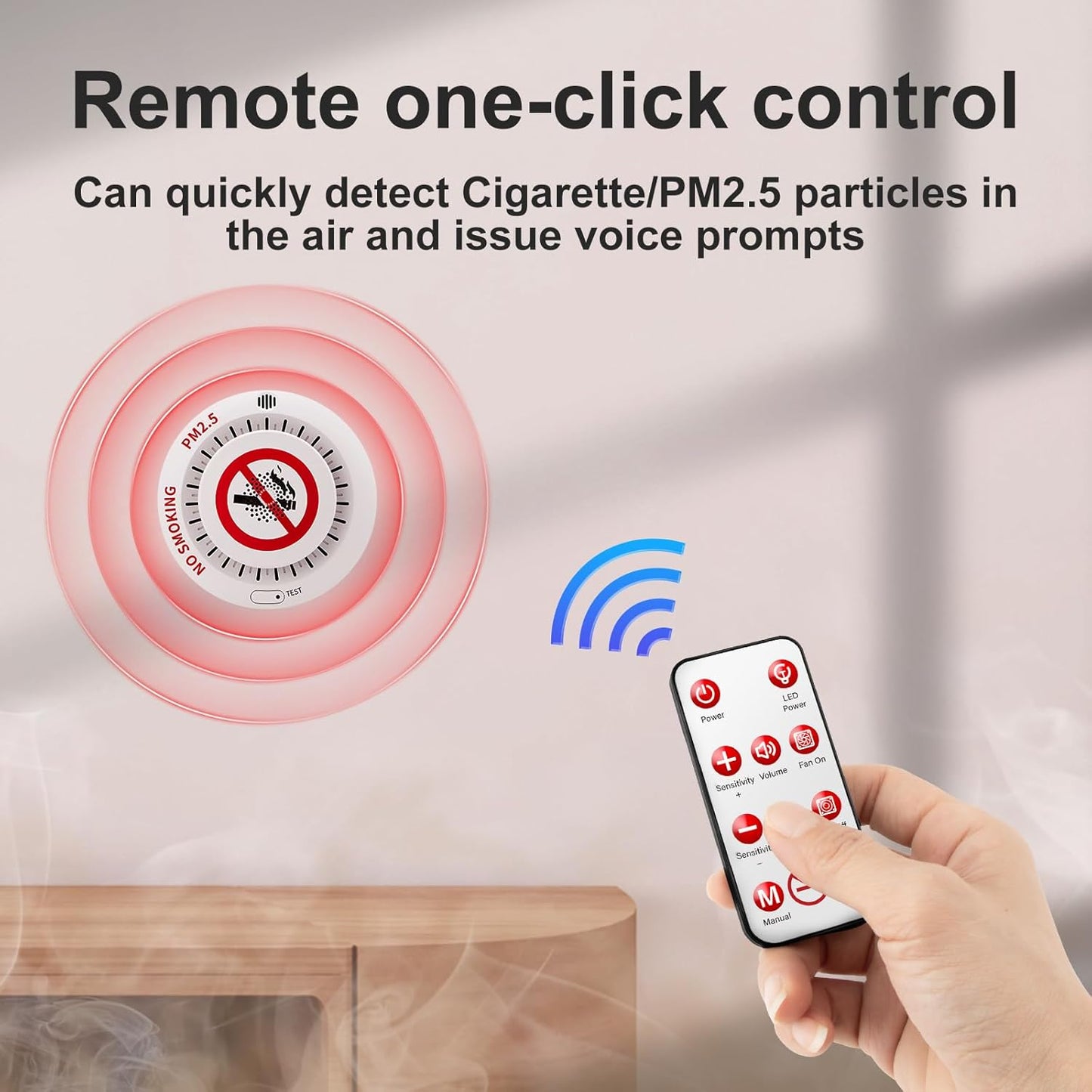 2in1 Cigarette Detector with 10 Level Sensitivity, Infrared Remote Control, Ceiling Mounted Smoke Detection