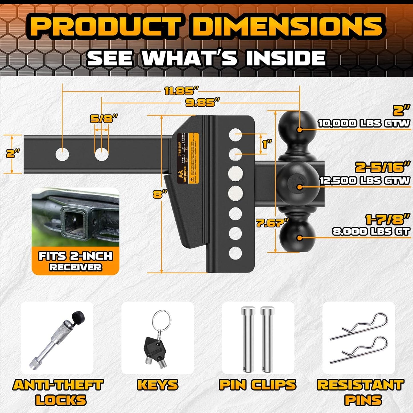Adjustable Trailer Hitch -Drop Hitch -Tri Ball Mount with Hook, 1-7/8'', 2''&2-5/16', Fits 2 Receiver, 6'' Drop/Rise 12,500 LBS