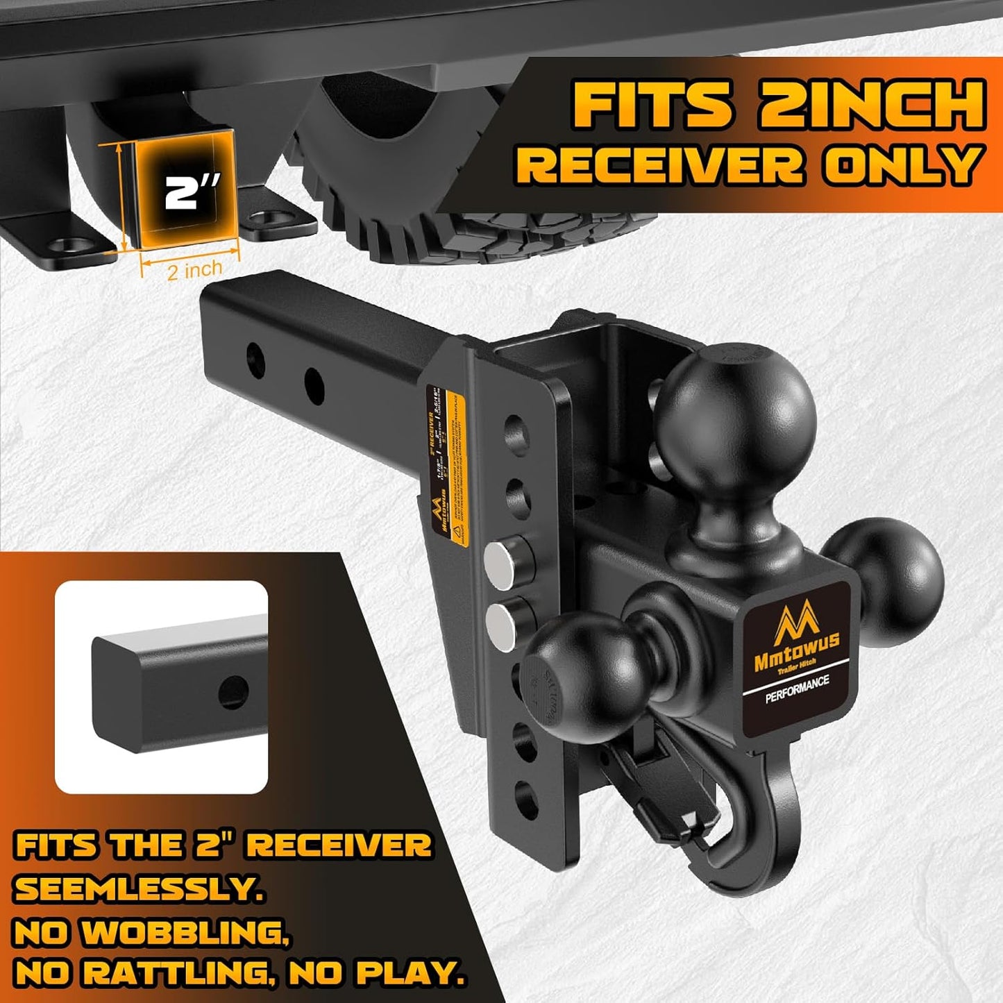 Adjustable Trailer Hitch -Drop Hitch -Tri Ball Mount with Hook, 1-7/8'', 2''&2-5/16', Fits 2 Receiver, 6'' Drop/Rise 12,500 LBS