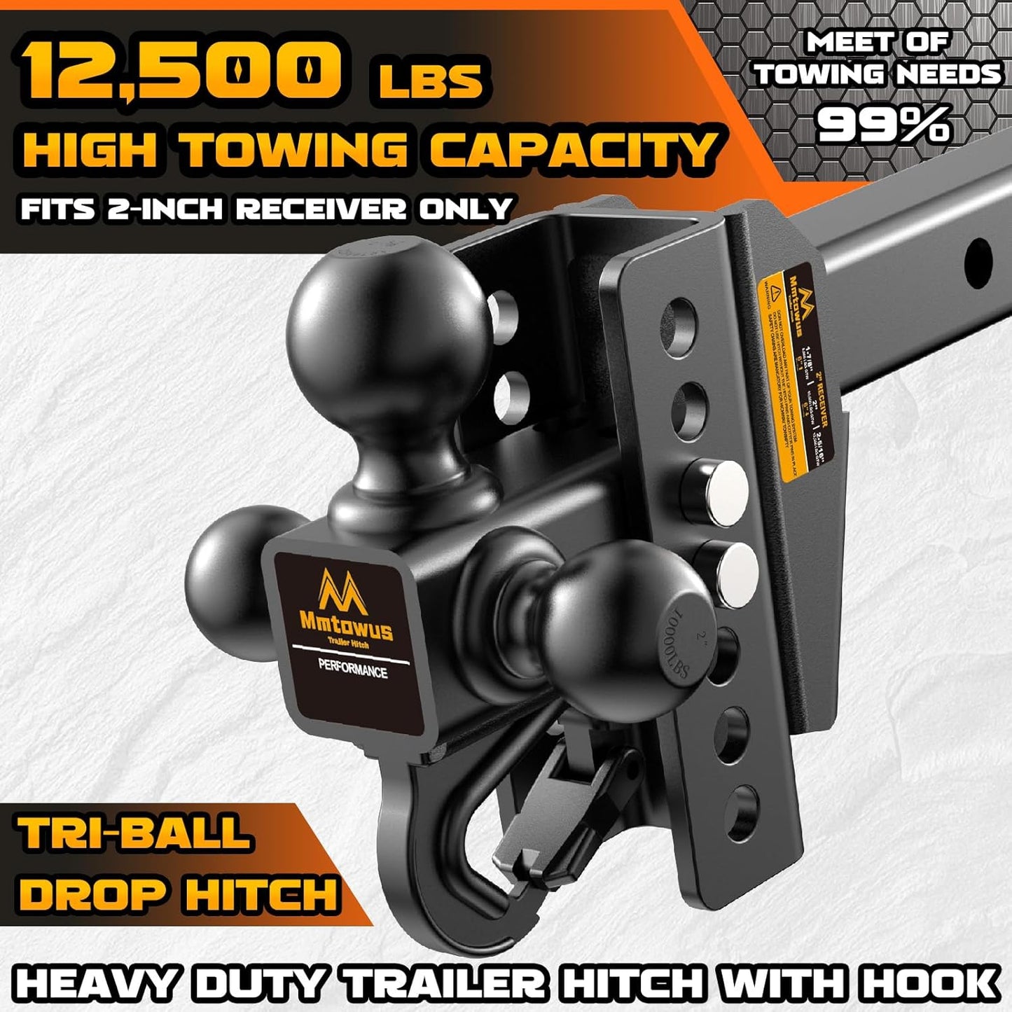 Adjustable Trailer Hitch -Drop Hitch -Tri Ball Mount with Hook, 1-7/8'', 2''&2-5/16', Fits 2 Receiver, 6'' Drop/Rise 12,500 LBS