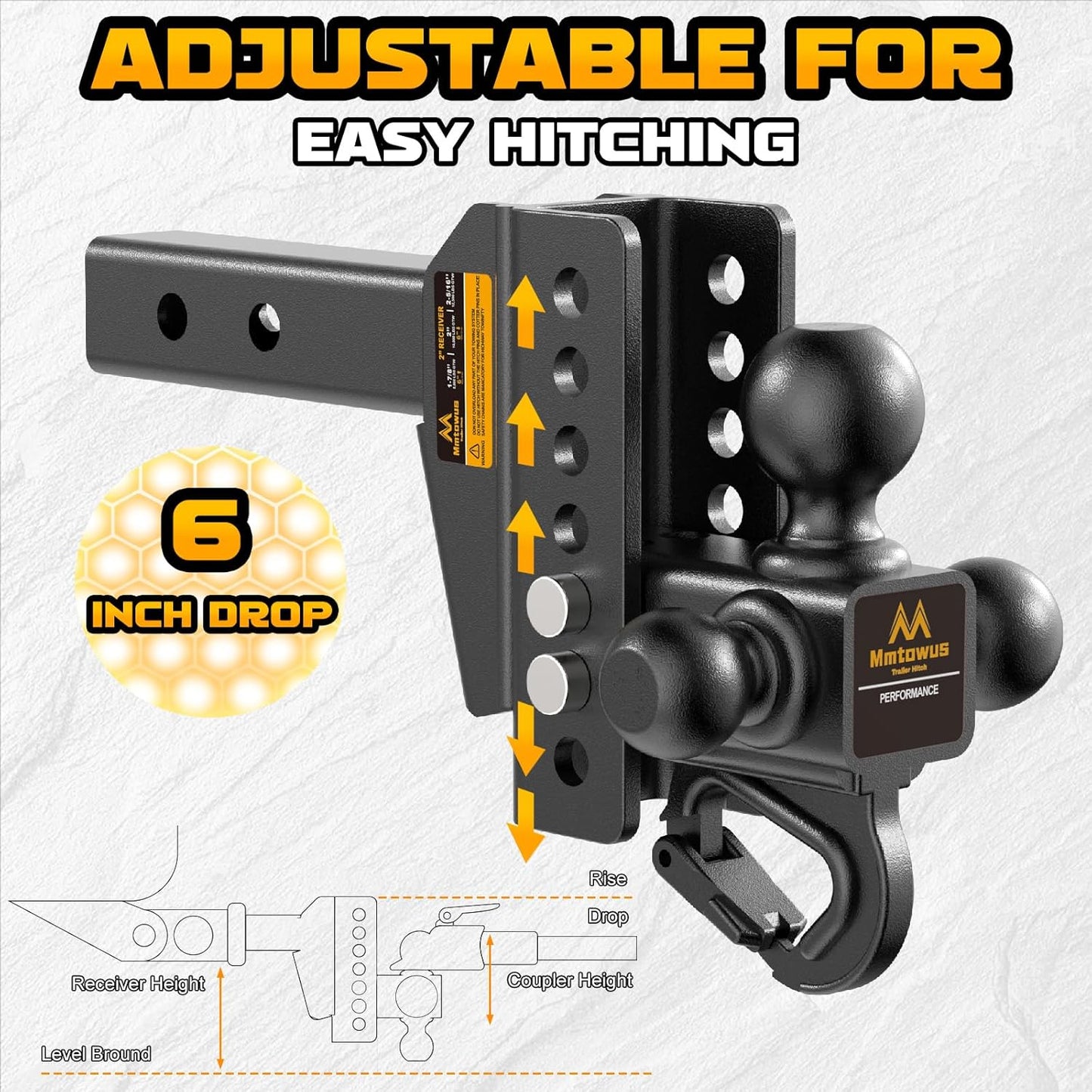 Adjustable Trailer Hitch -Drop Hitch -Tri Ball Mount with Hook, 1-7/8'', 2''&2-5/16', Fits 2 Receiver, 6'' Drop/Rise 12,500 LBS