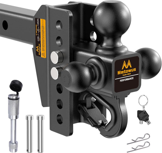 Adjustable Trailer Hitch -Drop Hitch -Tri Ball Mount with Hook, 1-7/8'', 2''&2-5/16', Fits 2 Receiver, 6'' Drop/Rise 12,500 LBS