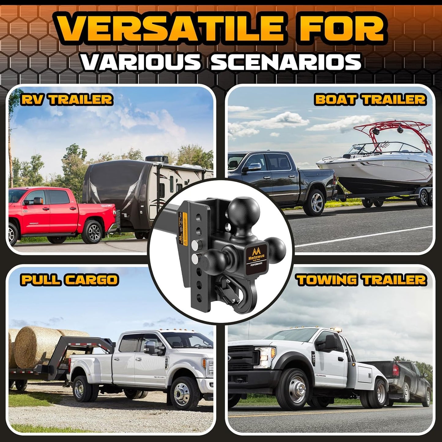 Adjustable Trailer Hitch -Drop Hitch -Tri Ball Mount with Hook, 1-7/8'', 2''&2-5/16', Fits 2 Receiver, 6'' Drop/Rise 12,500 LBS