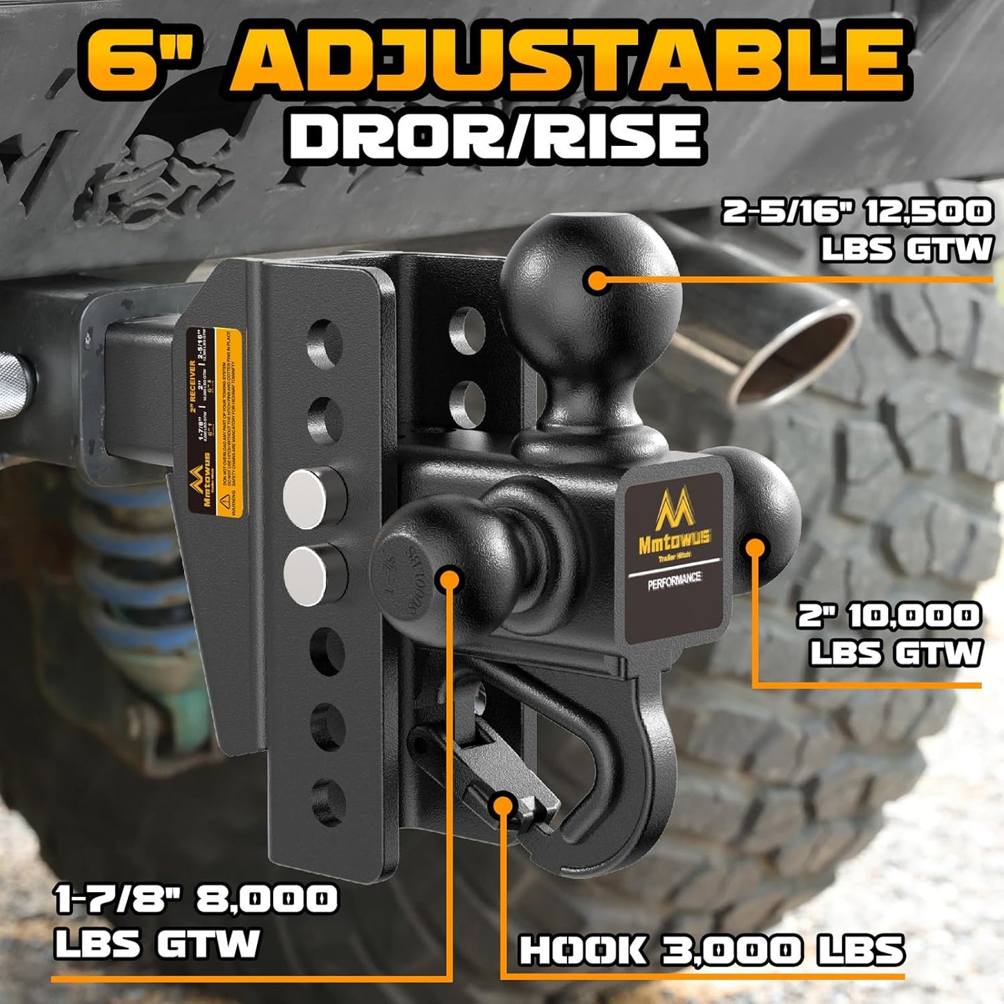 Adjustable Trailer Hitch -Drop Hitch -Tri Ball Mount with Hook, 1-7/8'', 2''&2-5/16', Fits 2 Receiver, 6'' Drop/Rise 12,500 LBS