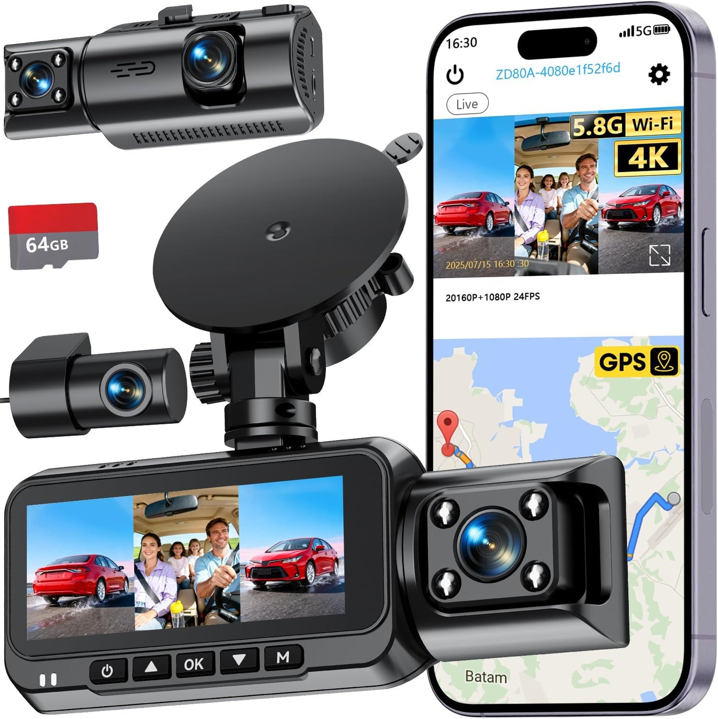 3-Channel Dash Cam 4K for Car: Front, Rear & Inside Dash Camera with 5.8G WiFi & GPS, 4H Parking Mode, 64GB