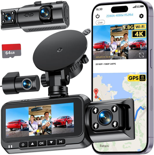 3-Channel Dash Cam 4K for Car: Front, Rear & Inside Dash Camera with 5.8G WiFi & GPS, 4H Parking Mode, 64GB