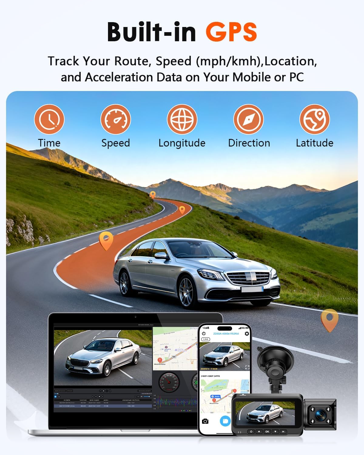 3-Channel Dash Cam 4K for Car: Front, Rear & Inside Dash Camera with 5.8G WiFi & GPS, 4H Parking Mode, 64GB