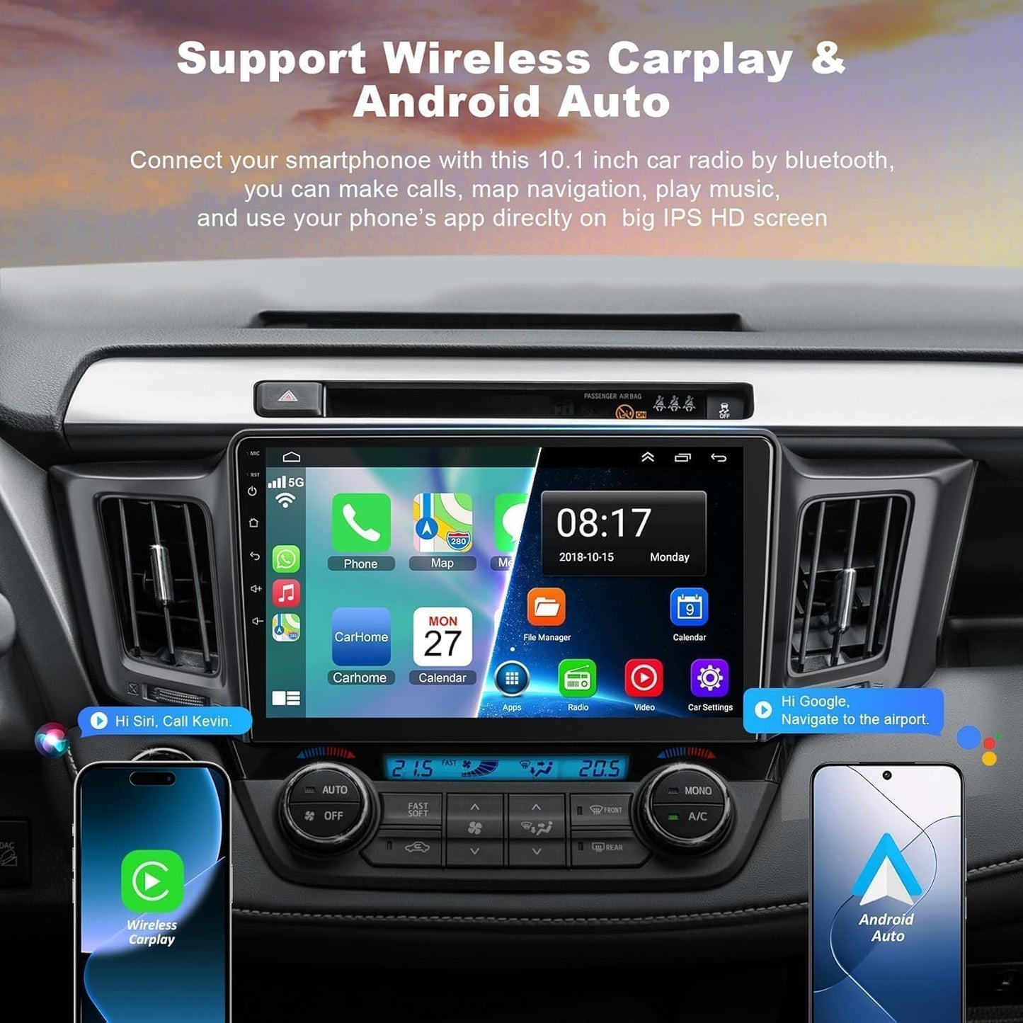 4G+64G Car Radio Stereo for Toyota RAV4 2013-2018, Wireless Carplay&Android Auto, 10.1 Inch IPS Touch Screen