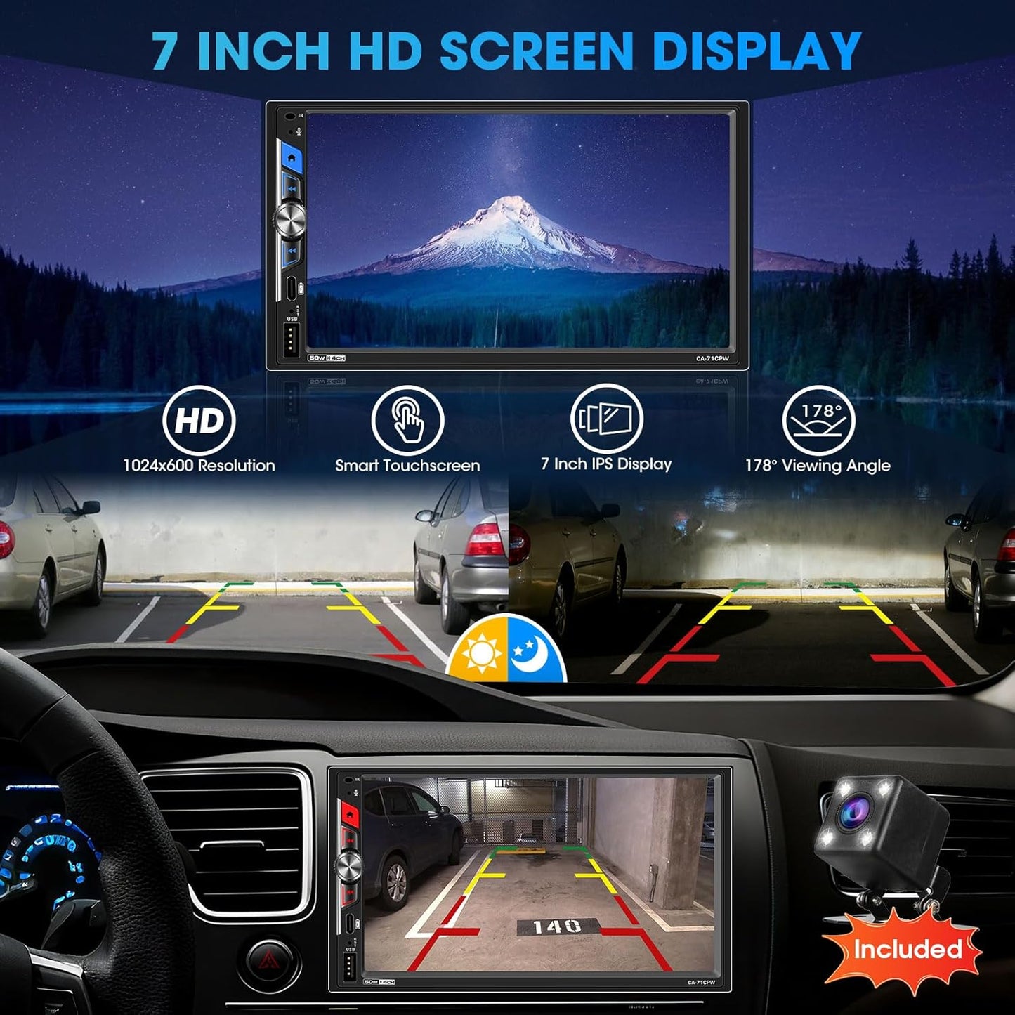 Double Din Car Stereo Receiver, 7 Inch Wireless CarPlay Android Auto Touchscreen, Backup Camera