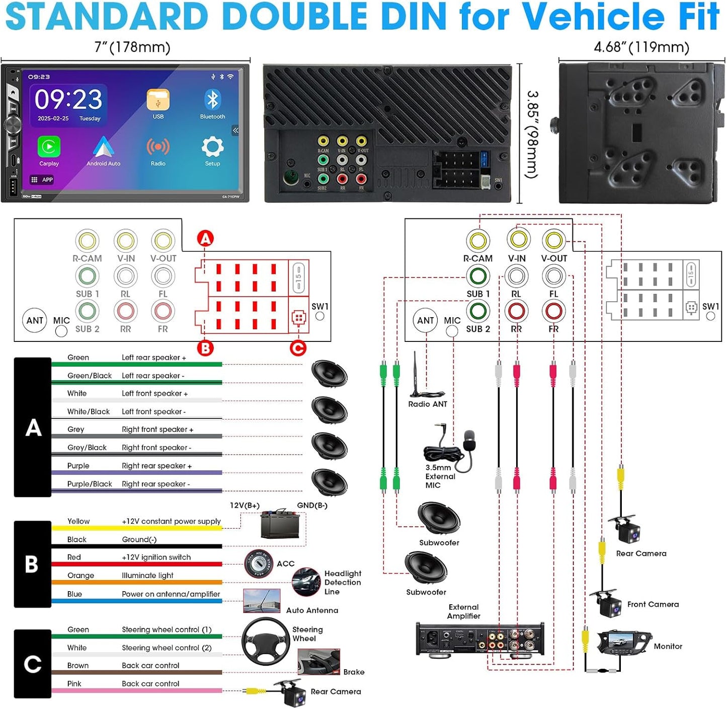 Double Din Car Stereo Receiver, 7 Inch Wireless CarPlay Android Auto Touchscreen, Backup Camera