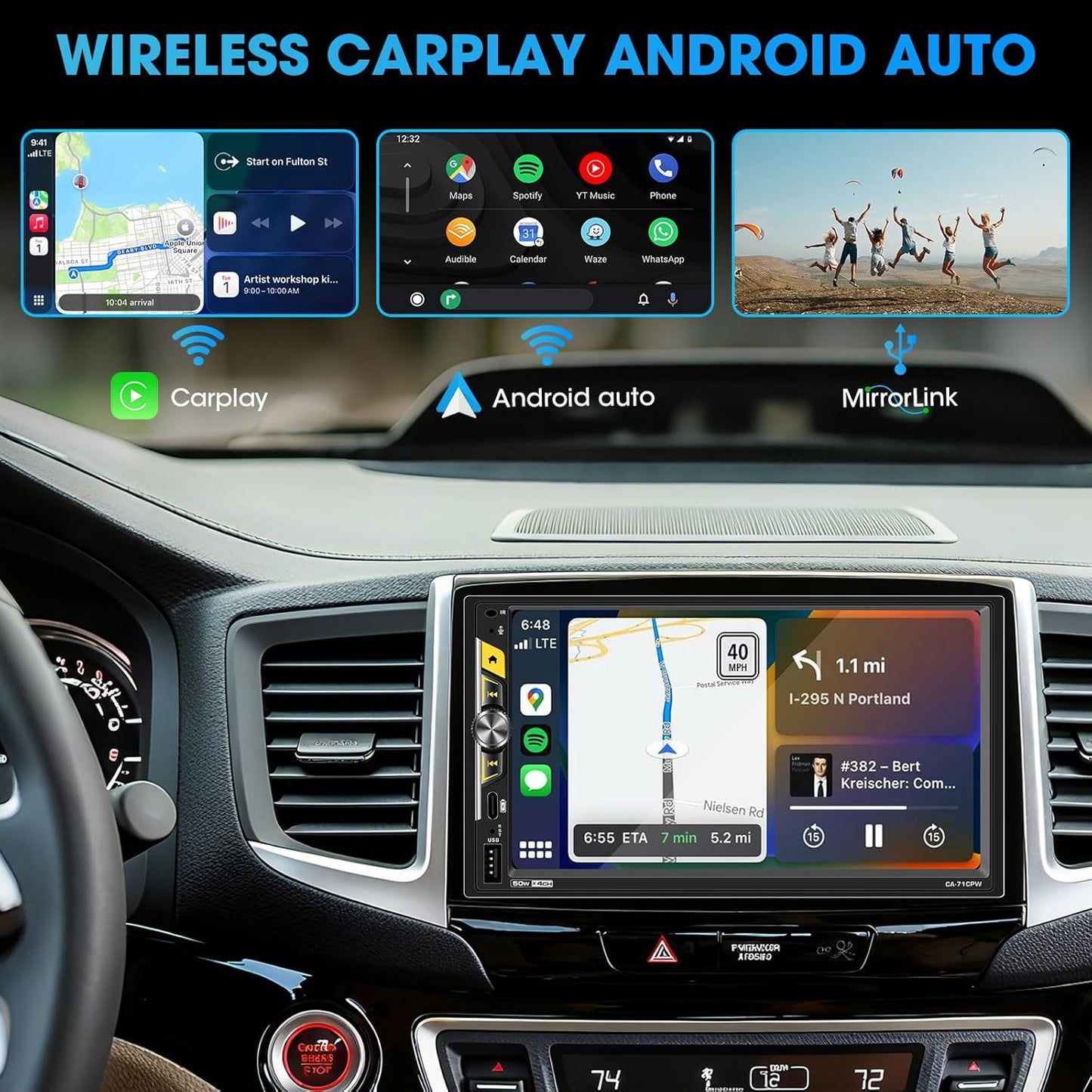 Double Din Car Stereo Receiver, 7 Inch Wireless CarPlay Android Auto Touchscreen, Backup Camera