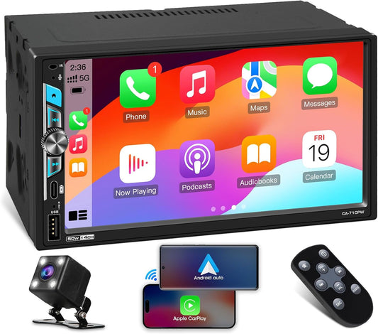Double Din Car Stereo Receiver, 7 Inch Wireless CarPlay Android Auto Touchscreen, Backup Camera