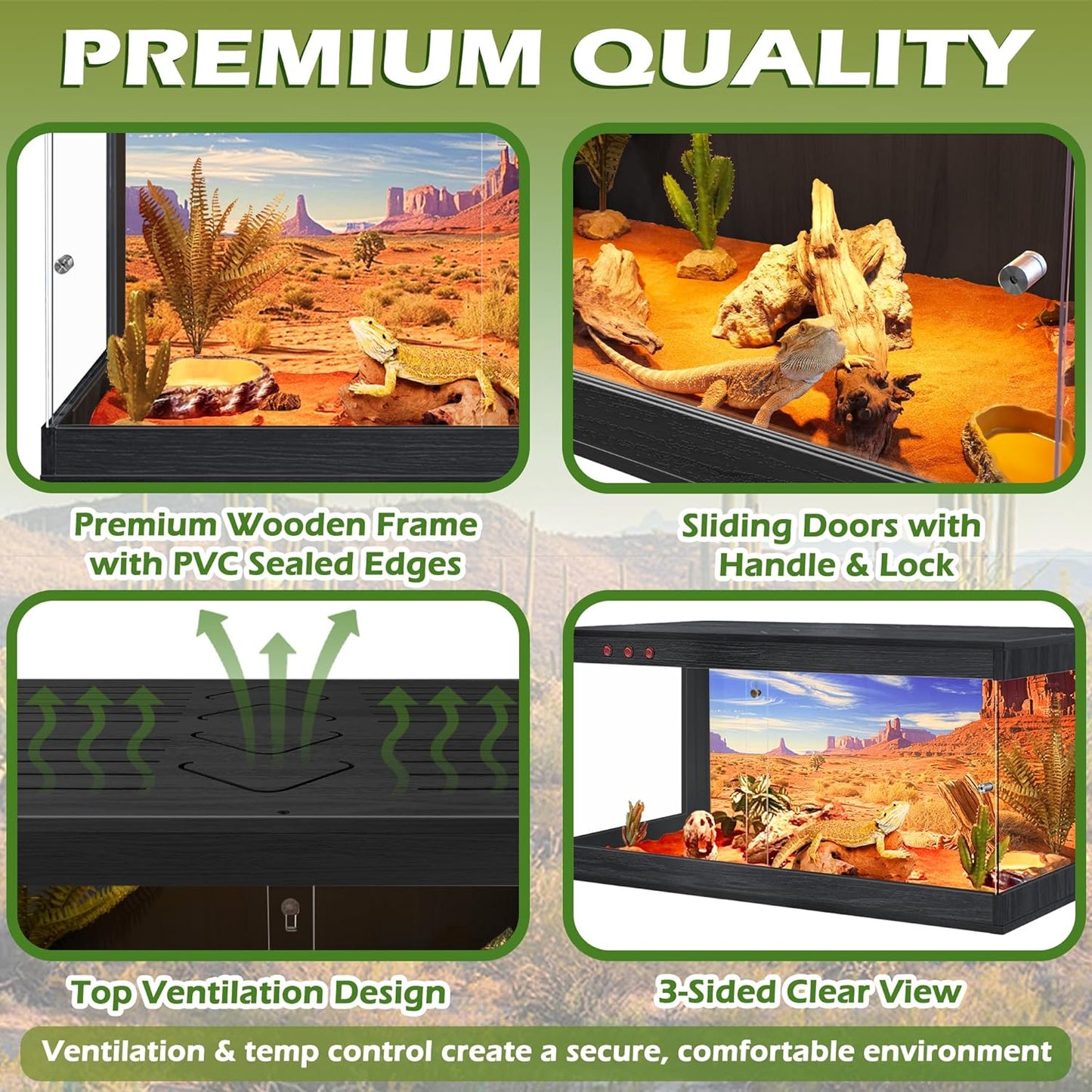 Tempered Glass Reptile Enclosure (Black, 61 Gallons, 40' Length)