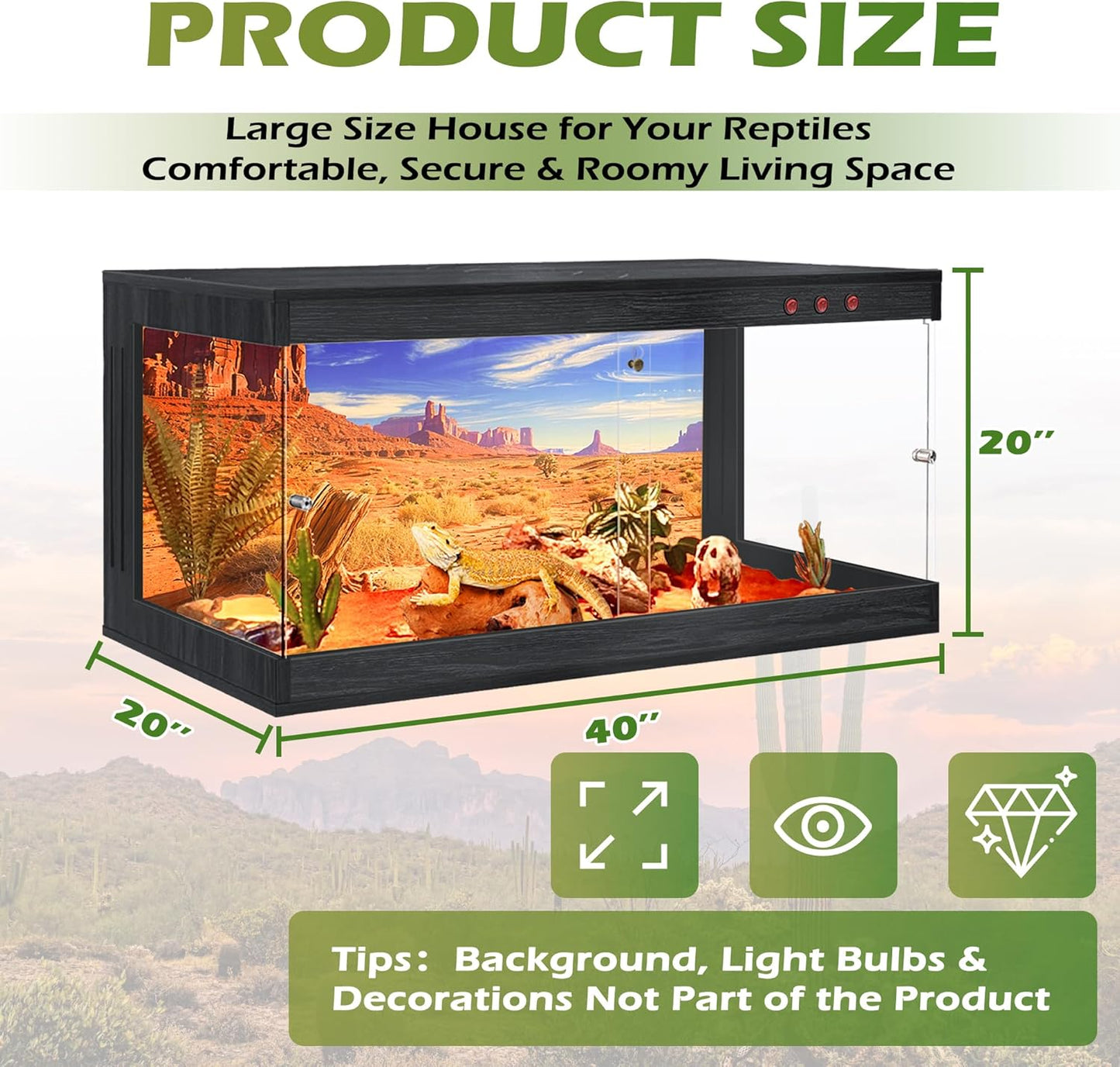 Tempered Glass Reptile Enclosure (Black, 61 Gallons, 40' Length)