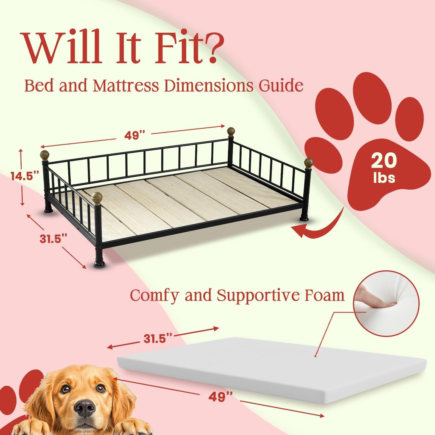 XL Dog Bed – Fade-Resistant, Comfortable & Durable Pet Mattress – 49” x 31.5” x 14.5”, Black Square Shape