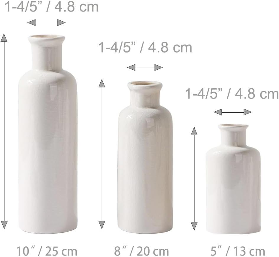 Ceramic Vase Set For Dining Table, Small, Glossy White, Set of 3