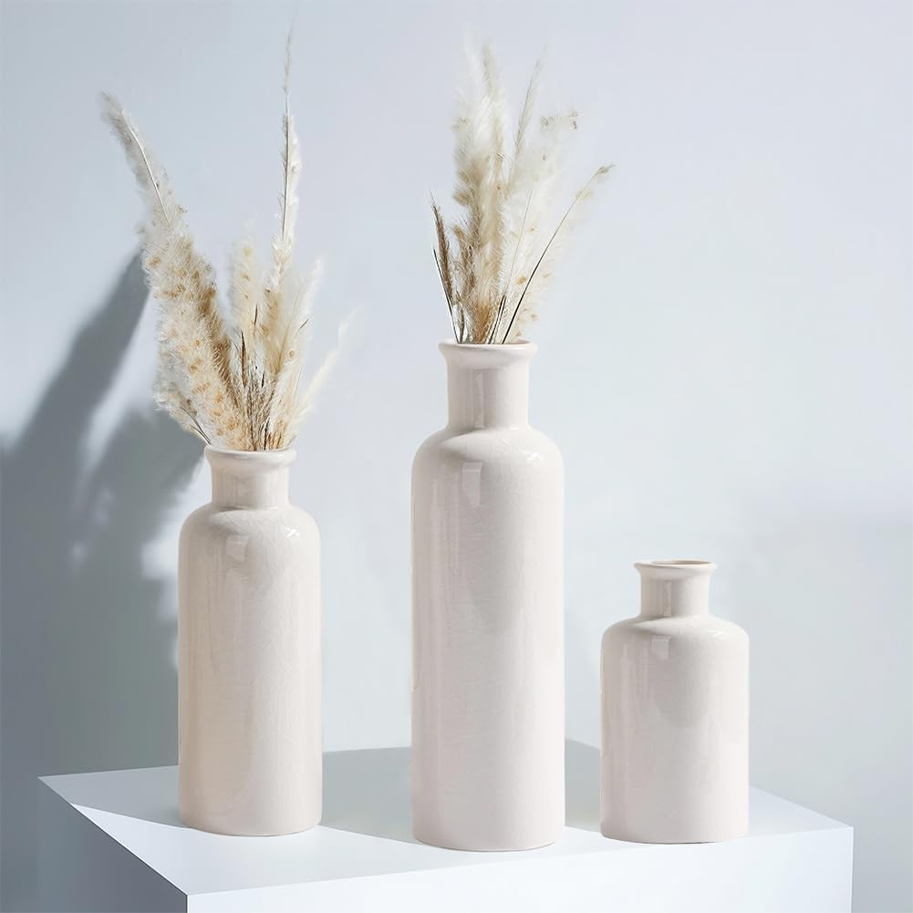 Ceramic Vase Set For Dining Table, Small, Glossy White, Set of 3