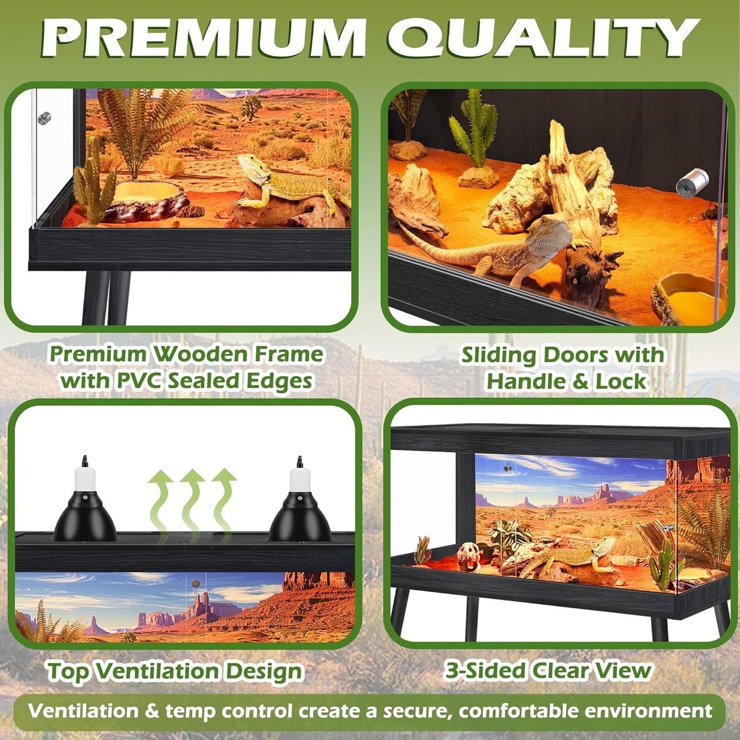 Bearded Dragon Tank with Leg Stand,Tempered Glass Reptile Tank with Metal Mesh Top, Black, 62Gal, 40' Length