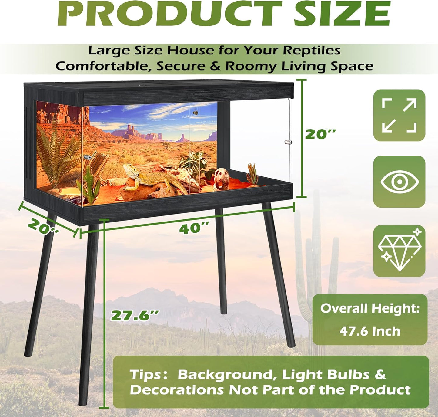 Bearded Dragon Tank with Leg Stand,Tempered Glass Reptile Tank with Metal Mesh Top, Black, 62Gal, 40' Length
