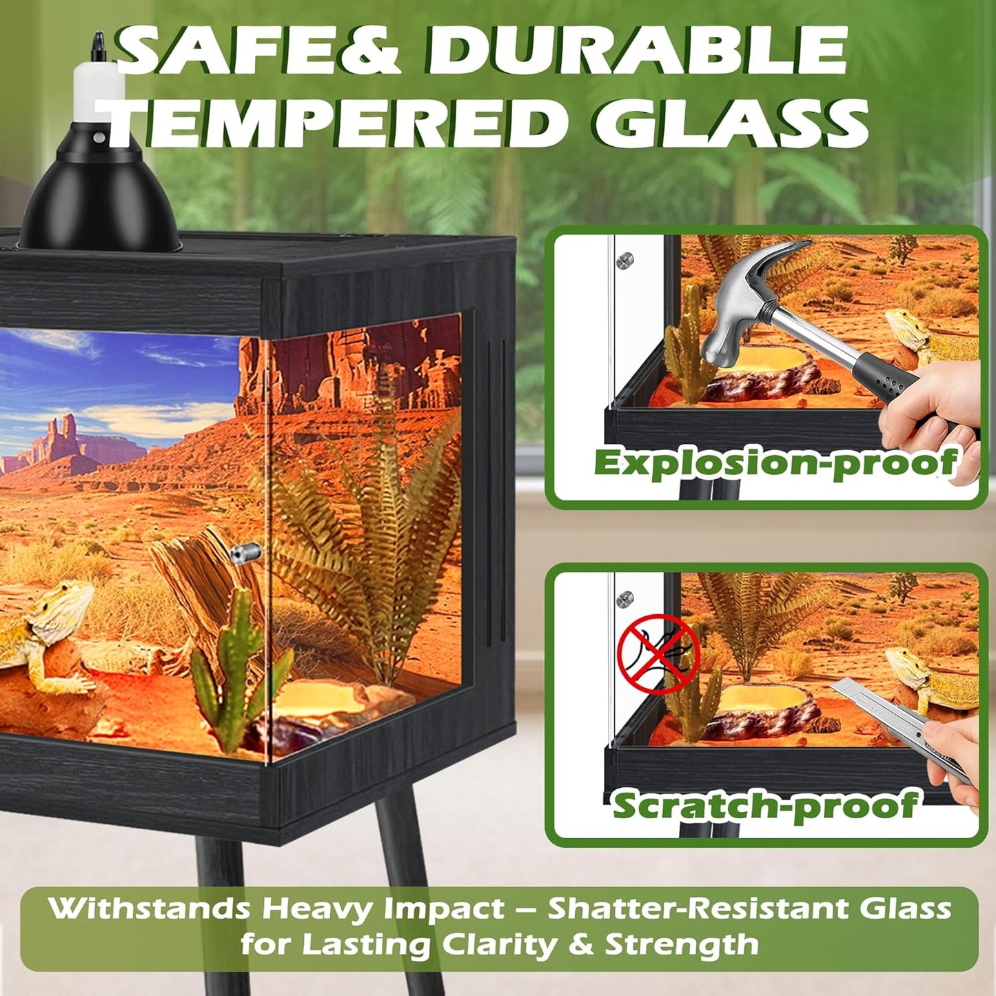 Bearded Dragon Tank with Leg Stand,Tempered Glass Reptile Tank with Metal Mesh Top, Black, 62Gal, 40' Length